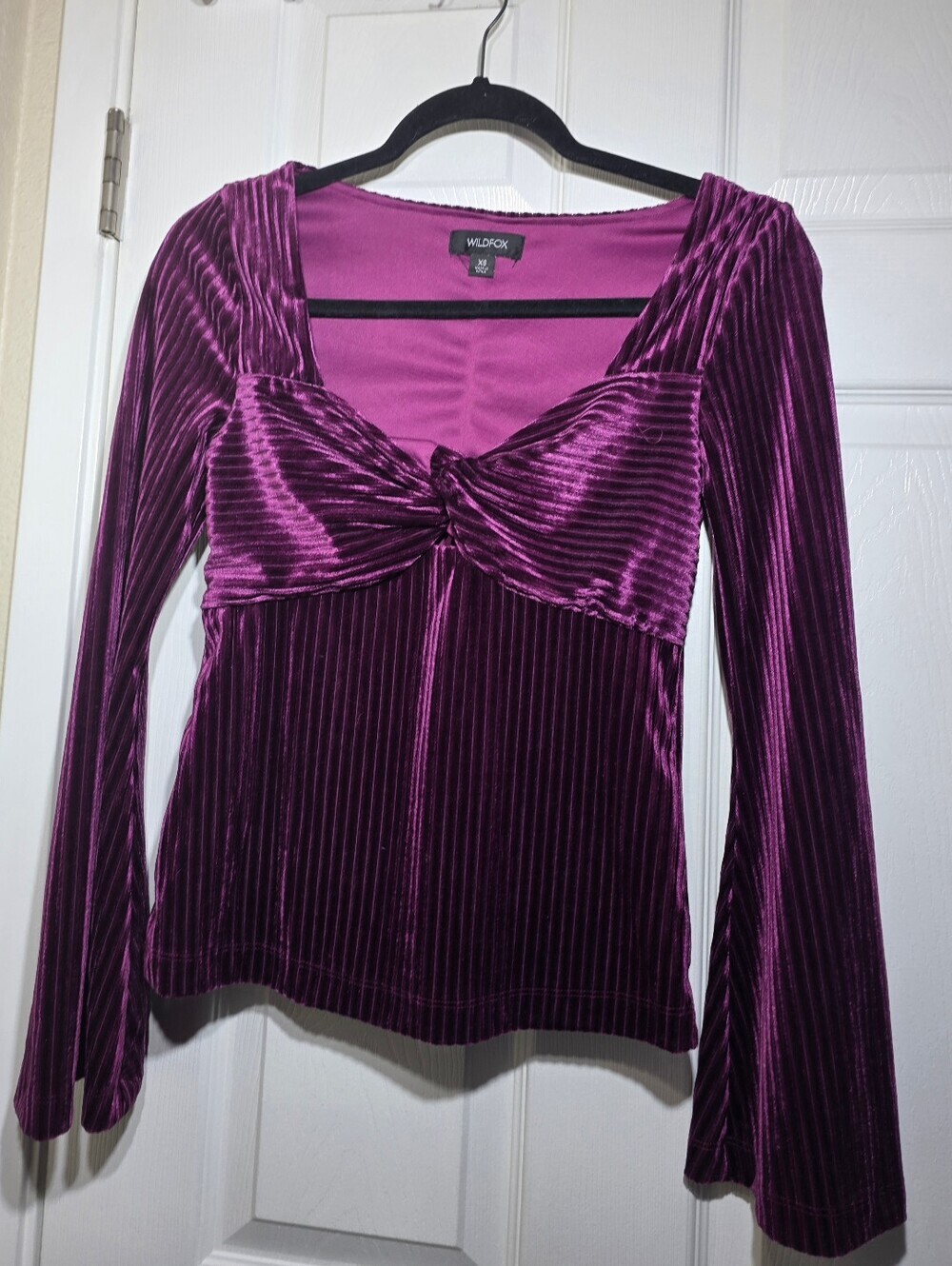 Wildfox Women's XS Purple Velvet Ribbed Twist Front Long Sleeve Top